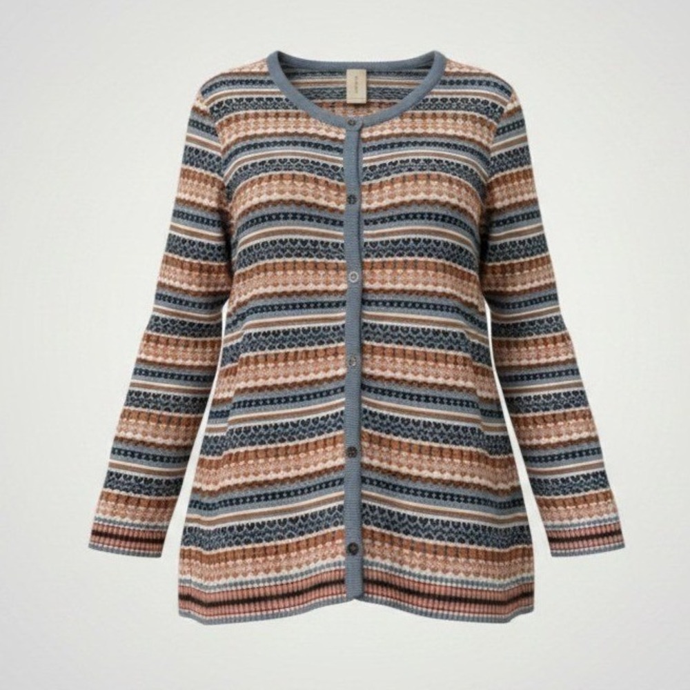 Skovhuus Cardigan Sweater Women 2XL Multi Fair Isle Stripe Denmark Scandi Hygge